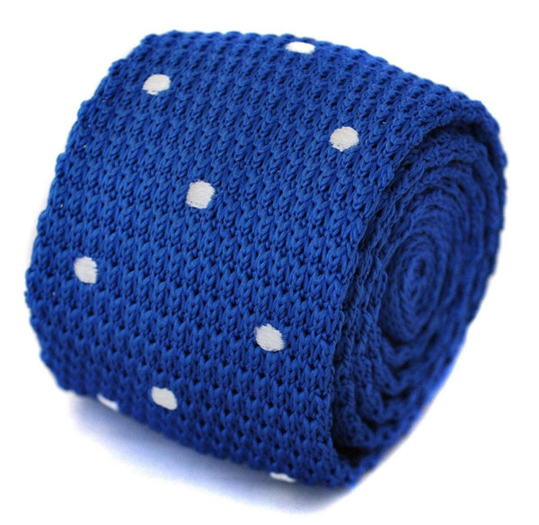 royal electric blue skinny knitted  tie with white polka dots